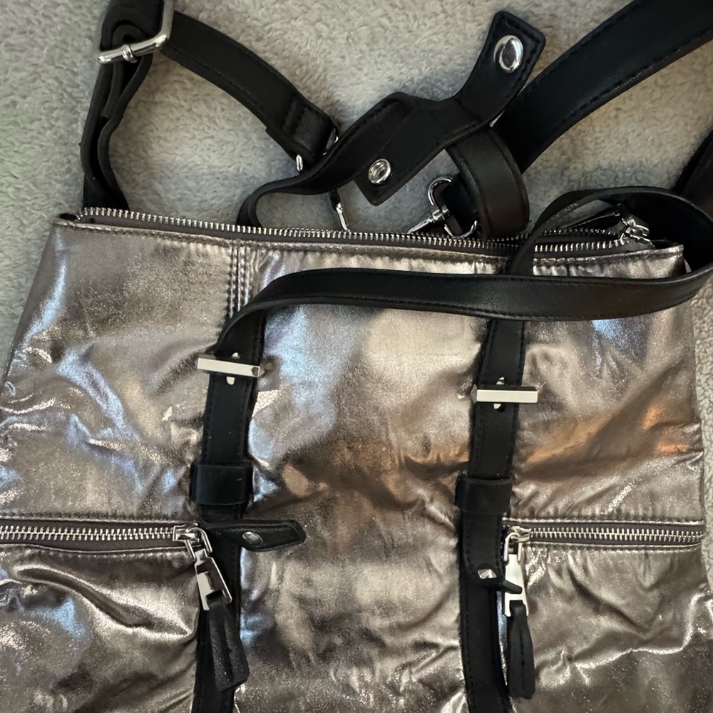 INC International Concepts Silver and Black Backpack with Modern Metallic Finish